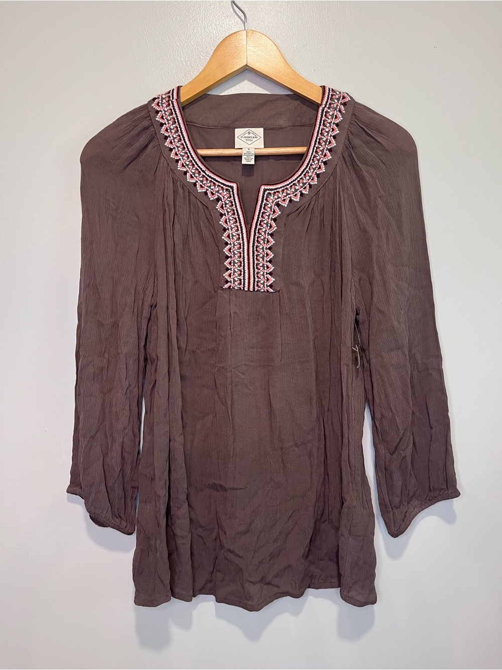 NWT St. John's Bay Brown Tunic with Pink & White Embroidered Neckline